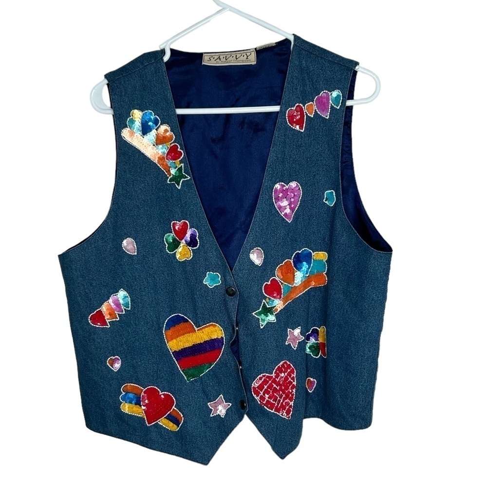 Savvy Women’s Heart Sequin Denim Vest Size XL Blue